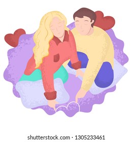 Young Couple in Love Boyfriend and Girlfriend Sit Together and Hugs on Pillows Romantic Art Vector Illustration Isolated on White Background. Guy and Girl Celebrate Valentine's Day at Home