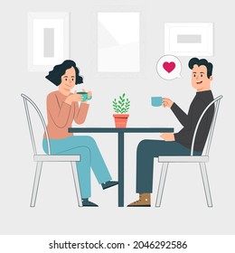 Young couple in love, drinking coffee at cafe, illustration.