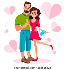 Young couple in love embraces. A man hugs a woman. The characters in love with each other. The girl wants to kiss hipster. Characters for the feast of Saint Valentine. Flat hearts on the background.