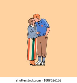 Young couple in love enjoying each other. Hugging and kissing. Happy together. Trendy clothes. Fashion look. Romance, Valentine's Day concept. Cartoon comic style. Hand drawn Vector illustration