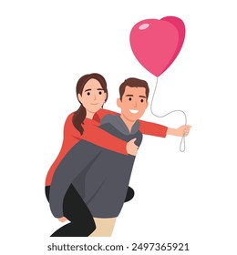 Young couple in love enjoying each other. Happy together. Piggy back ride. Flat vector illustration isolated on white background