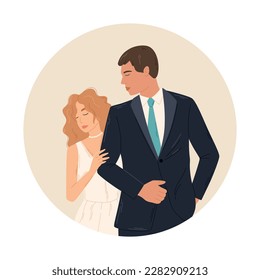 Young couple in love, flat standing bride and groom. Wedding ceremony of a woman in a dress and a man in a suit. Vector isolated flat illustration of people.