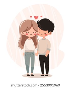 Young couple in love with floating hearts around. Cartoon style lovely boy and girl characters holding hands. Valentines day romantic concept. Cute boyfriend and girlfriend. Flat vector illustration.