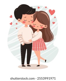 Young couple in love with floating hearts around. Cartoon style lovely boy and girl characters gently embrace. Valentines day romantic concept. Cute boyfriend and girlfriend. Flat vector illustration.