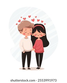 Young couple in love with floating hearts around. Cartoon style boy and girl characters gently holding hands. Valentines day romantic concept. Cute boyfriend and girlfriend. Vector illustration.