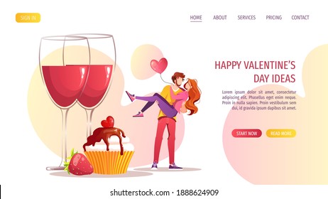 Young couple in love. Glasses of wine and cupcake with heart balloon. Romantic Valentine's day Love concept. Relationship Vector illustration for banner, website, poster, card.