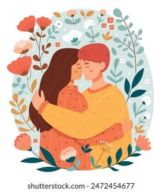 Young couple in love. The guy and the girl are hugging. Colorful vector illustration in flat style for valentine's day. Romantic date. Illustration concept.