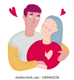 Young Couple in Love: The Guy and His Girl Tenderly Embrace and Look at Each Other Romantic Art Vector Illustration Isolated on White Background. Trust In Marriage