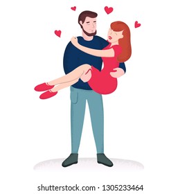 Young Couple in Love Guy Holds Girl in His Arms Romantic Retro Art Vector Illustration Isolated on White Background. The Boyfriend With the Girlfriend on a Date on Valentine's Day. She Said Yes