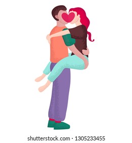 Young Couple in Love: The Guy Keeps The Girl In His Arms Romantic Art Vector Illustration Isolated on White Background. Boyfriend Passionately Kisses His Girlfriend. She Said Yes