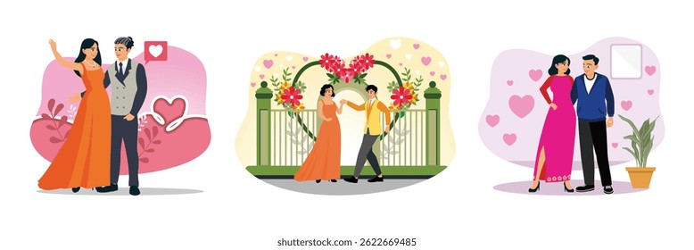 Young couple in love and happy.A couple celebrating a happy day. Wearing elegant dress. Set flat vector illustration.