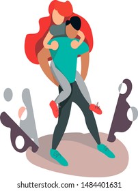 Young couple in love having fun. A girl sits on the shoulders of a guy. Stylish illustration of a couple in bright colors in a flat style.