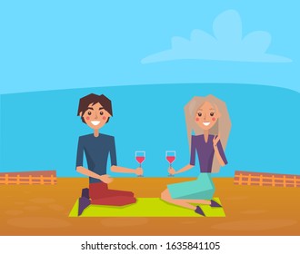 Young couple in love having picnic, man and woman characters sitting on plaid and drinking wine. Pair of people on romantic date vector Illustration