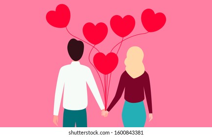 Young couple in love hold heart balloons on pink background. Flat design. Vector illustration