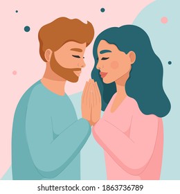 Young couple in love holding hands. Concept for Valentine's day. Design for greeting card, poster, postcard, print. Vector illustration.