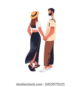 Young couple in love, holding hands and walking together. Man and woman in romantic relationships. Modern enamored partners, sweet valentines. Flat vector illustration isolated on white background