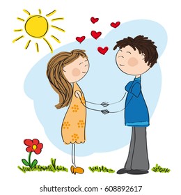 Young couple in love holding hands - original hand drawn illustration