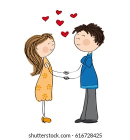Young couple in love holding hands - original hand drawn illustration
