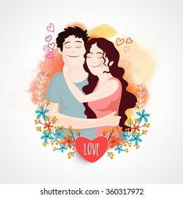 Young couple in love, hugging each other on abstract colorful background for Happy Valentine's Day celebration.