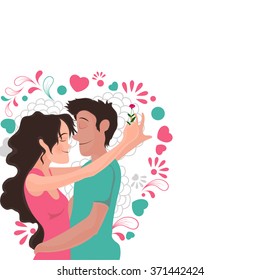 Young couple in love, hugging each other on floral design decorated background for Happy Valentine's Day celebration.