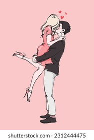 A young couple in love hugs, the guy lifted the girl dressed in a beautiful short dress and high heels, date, relationship, valentine s day card. Flat vector cartoon illustration, wedding invitation.