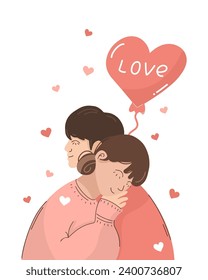 Young couple in love hugs. Postcard and illustration for Valentine's day. The girl put her head on the man's shoulder. Love is flying in the air