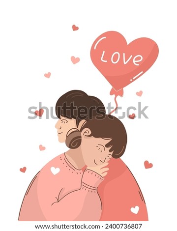 Young couple in love hugs. Postcard and illustration for Valentine's day. The girl put her head on the man's shoulder. Love is flying in the air