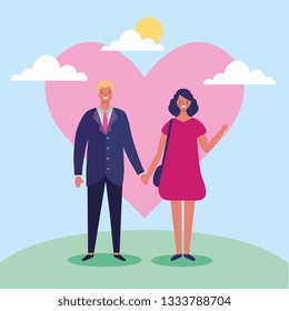 Young couple in love at landscape with heart love symbol vector digital image illustration