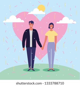 Young couple in love at landscape with heart love symbol vector digital image illustration