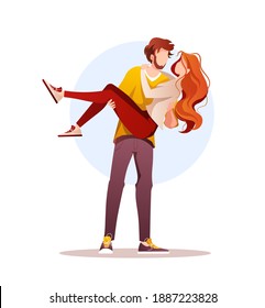 Young couple in love. Loving man carrying a woman in his arms. Valentine's day, Romantic, Relationship, Love, Date concept. Isolated vector illustration for banner, poster, card, postcard.