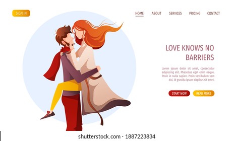 Young couple in love. Loving man holding woman in his arms. Relationship, Love, Valentine's day, Romantic concept. Vector illustration for banner, website, poster, card.