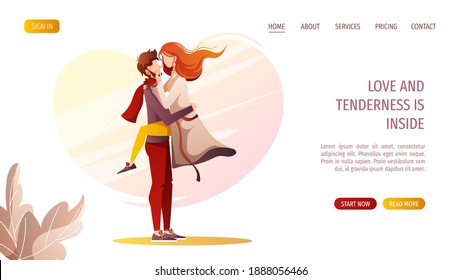 Young couple in love. Loving man holding woman in his arms. Relationship, Love, Valentine's day, Romantic concept. Vector illustration for banner, website, poster, card.