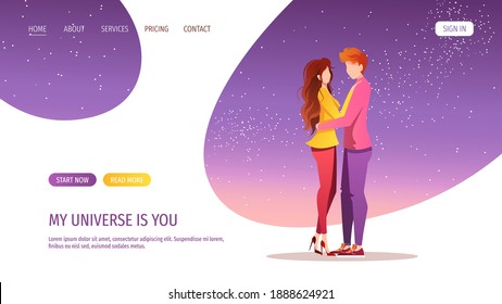 Young couple in love. Loving man hugging woman. Relationship and Love concept for Valentine's day, 14 February. Romantic Vector illustration design for banner, website, poster, card.