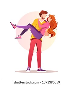 Young couple in love. Loving man carrying a woman in his arms. Valentine's day, Romantic, Relationship, Love, Date concept. Isolated vector illustration for banner, poster, card, postcard.