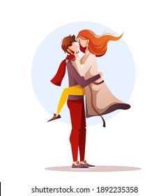 Young couple in love. Loving man holding woman in his arms. February 14 Romantic Relationship and Love concept. Isolated vector illustration for banner, postcard, poster, card.