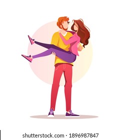 Young couple in love. Loving man carrying a woman in his arms. Valentine's day, Romantic, Relationship, Love, Date concept. Isolated vector illustration for banner, poster, card, postcard.