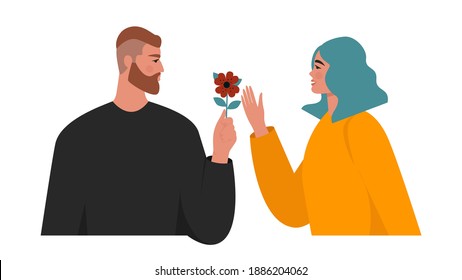 Young couple in love. Man giving flowers to a happy beautiful woman. Romantic relationship concept. Isolated flat vector illustration with male and female characters for Valentine’s day