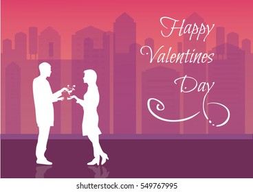 Young Couple in Love, Man holding surprise bouquet of roses for beautiful young woman
