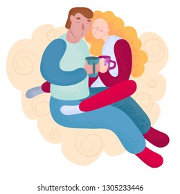 Young Couple in Love Man and Woman Sit Together on Pouf, Cuddle and Drink Hot Chocolate Romantic Art Vector Illustration Isolated on White Background. Guy and Girl Celebrate Valentine's Day at Home