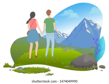 Young couple in love, man and woman walking together holding hands enjoying mountains and nature view, family traveling concept vector illustration. Mountain tourism. Flat cartoon