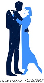 A young couple in love, a man and a woman embracing each other. Romantic date at night. Isolated vector illustration.
