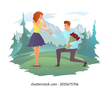 Young couple in love. Man and woman on a romantic date in mountain landscape. Man with flowers makes a woman an offer of marriage. Vector illustration isolated on white.