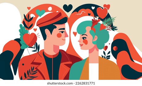young couple in love man woman look at each other happy valentine day celebration relationship and romantic date