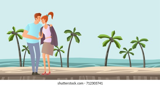Young couple in love. Man and woman on a romantic date on a tropical beach with palm trees. A man hugs a woman. Vector illustration.