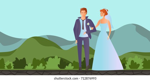 Young couple in love. Man and woman at the wedding ceremony in the summer mountain landscape. Vector illustration.