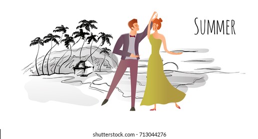 Young couple in love. Man and woman dancing ballroom dance on a tropical beach with palm trees. Hand-drawn vector illustration.