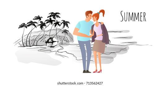 Young couple in love. Man and woman on a romantic date on a tropical beach with palm trees. A man hugs a woman. Vector hand-drawn sketch illustration.