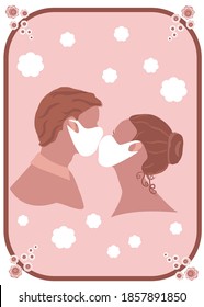 Young couple in love married or Valentine’s Day .Isolate on pink background .For card. Wear masks protective coronavirus pandemic. Corona virus.