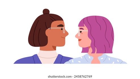 Young couple in love, modern man and woman in glasses looking at each other, smiling. Romantic partners. Youth, happy enamored characters. Flat vector illustration isolated on white background