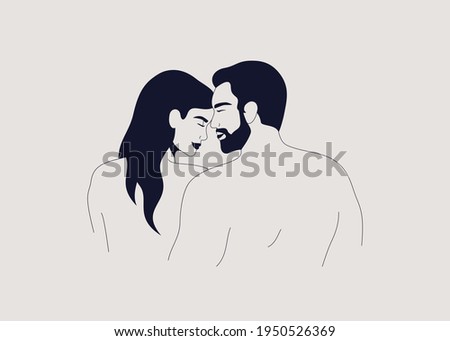 Young couple in love. Muscular man and woman cuddling each other back view. Husband hugs his wife and looks at her with love and care. Vector illustration